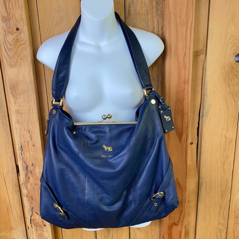 Emma Fox 100% Leather Blue Gold Hardware Snap Hobo Shoulder Bag